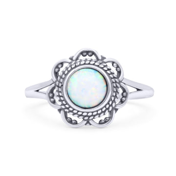 Flower Thumb Ring Round Statement Fashion Lab Created White Opal Oxidized Band Solid 925 Sterling Silver